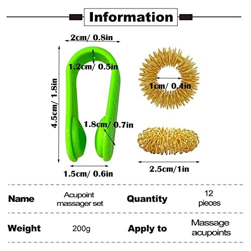 Afmetingen van acupoint massager set met groene U-vormige massager, gouden ringen.