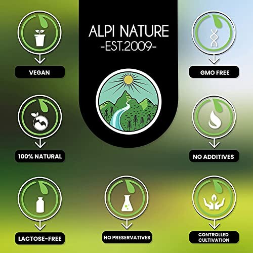 Alpi Nature iconen voor veganistisch, gmo-vrij, 100% natuurlijk, geen toevoegingen, lactosevrij, geen conserveermiddelen, gecontroleerde teelt.