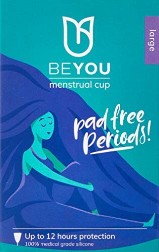 Verpakking van menstruatiecup met illustratie van ontspannen vrouw.