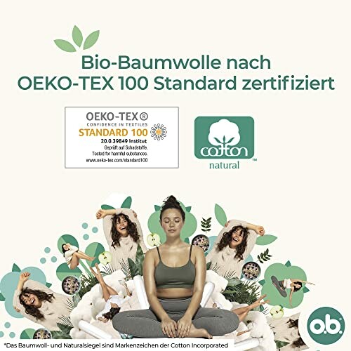 Vrouw in yogahouding met Oeko-Tex en katoen logo