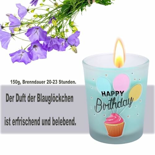 Geurkaars met 'Happy Birthday' en bloemen