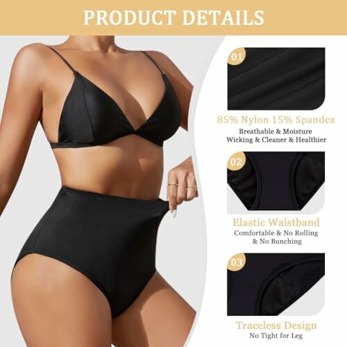 Vrouw in zwarte bikini met productdetails