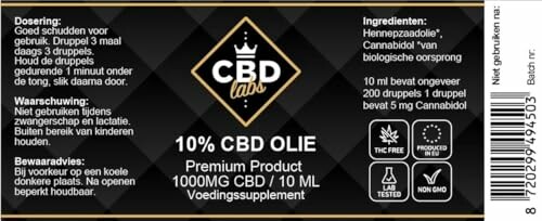 Etiket van CBD olie flesje met dosering en ingrediënten