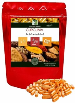 Zak met curcuma capsules en kruiden