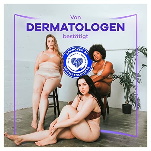 Drie diverse vrouwen in ondergoed met goedkeuring door dermatologen.