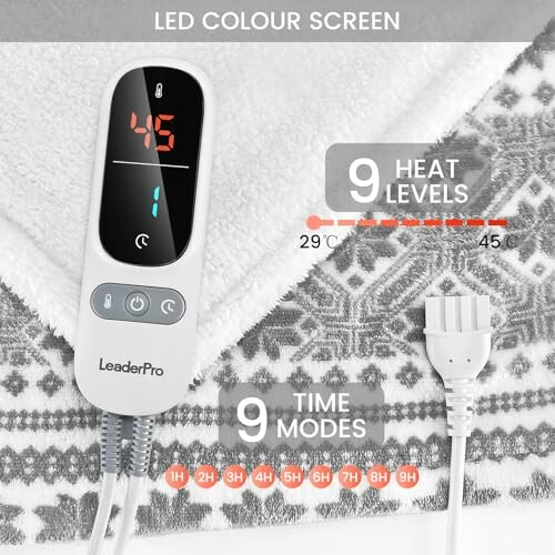 Elektrische deken bedieningspaneel met temperatuurinstellingen en tijdmodi.