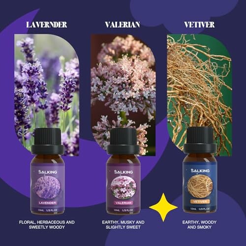 Drie flesjes etherische oliën met lavendel, valeriaan en vetiver.