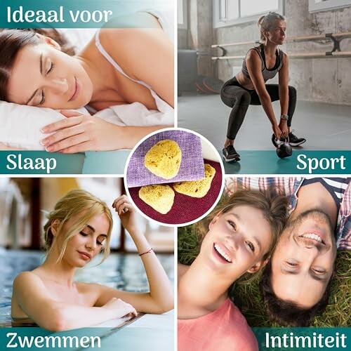 Collage van vier activiteiten: slapen, sporten, zwemmen en intimiteit.