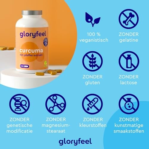 GloryFeel curcuma supplement met voordelen zoals 100% veganistisch, zonder gelatine, gluten, lactose, genetische modificatie, magnesiumstearaat, kleurstoffen en kunstmatige smaakstoffen.