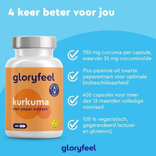 GloryFeel kurkuma met peperextract supplement flesje en voordelen in blauwe achtergrond.