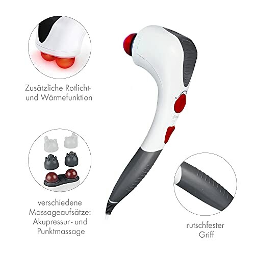 Handmatige massager met verschillende opzetstukken en verwarmingsfunctie.