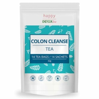 Verpakking van Happy Detox Colon Cleanse thee met 14 theezakjes.