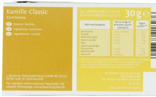 Kamille Classic thee verpakking met ingrediënten en voedingsinformatie