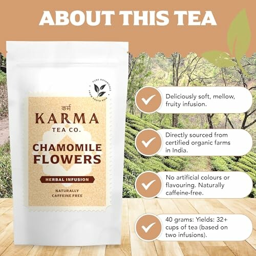 Verpakking van Karma Chamomile Flowers thee met beschrijving.