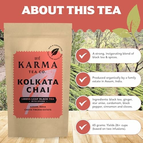 Verpakking van Karma Kolkata Chai thee met informatie over inhoud en bron.