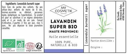 Etiket van Lavandin Super Bio essentiële olie met ingrediënten en certificeringen.