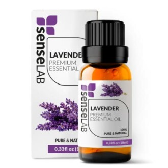 Lavendel etherische olie fles en verpakking van SenseLAB