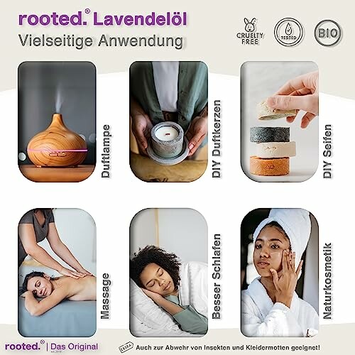 Verschillende toepassingen van lavendelolie, waaronder aroma diffuser, DIY kaarsen, zeep, massage, beter slapen en cosmetica.