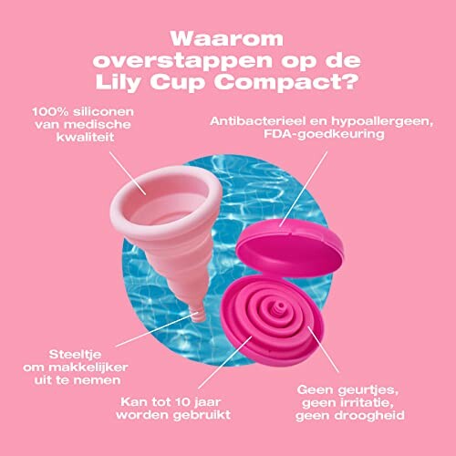 Lily Cup Compact menstruatiecup met kenmerken en voordelen.