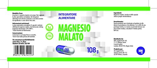 Etiket van magnesiummalaatsupplement in het Italiaans