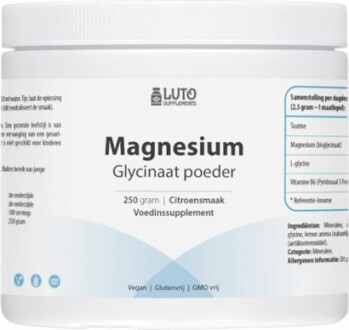 Voedingssupplement magnesium glycinaat poeder in pot.