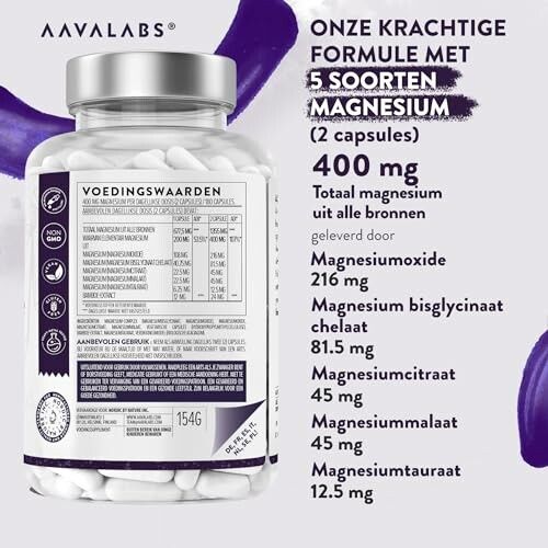 Flesje met magnesium supplementen en voedingswaarde informatie