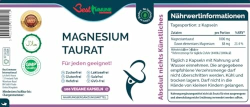 Etiket van magnesium tauraat supplement met voedingsinformatie.