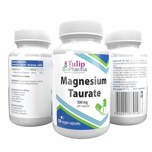 Flessen met magnesium tauraat supplementen