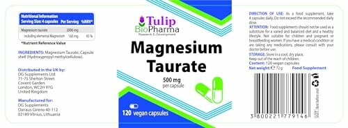 Etiket van magnesium tauraat supplement, 500 mg per capsule, 120 vegan capsules.