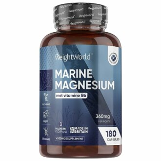 Marine magnesium supplement met vitamine B6 in een fles van 180 capsules.