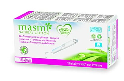 Verpakking van Masmi biologische tampons met applicator.