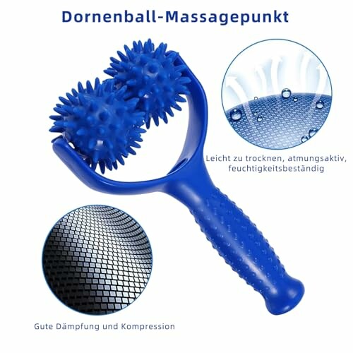 Blauwe massage roller met stekelige balletjes en handvat.