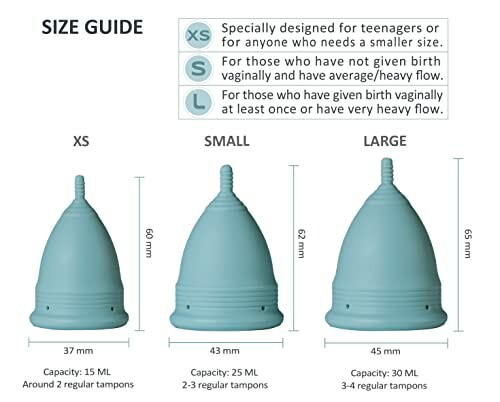 Maatgids voor menstruatiecups met XS, Small en Large opties.