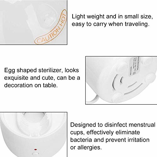 Witte, eivormige sterilisator voor menstruatiecups met gebruiksinstructies.