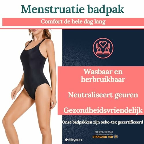 Vrouw in zwart menstruatiebadpak, wasbaar en herbruikbaar, geurneutraliserend, gezondheidsvriendelijk.