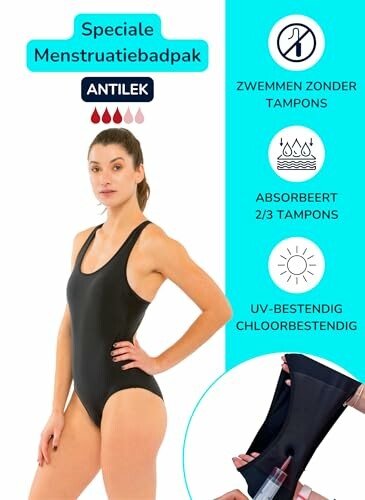 Vrouw in zwart menstruatiebadpak met productdetails