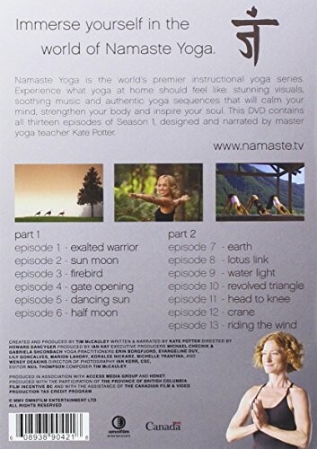 Achterkant van een Namaste Yoga DVD met afleveringen en beschrijving.