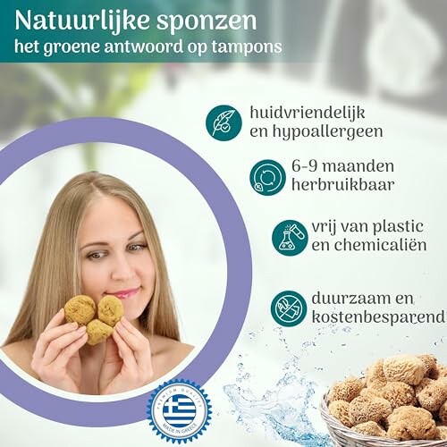 Vrouw met natuurlijke sponzen en duurzaamheidsvoordelen.