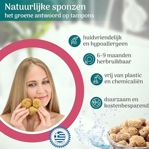 Vrouw met natuurlijke sponzen en productinformatie.