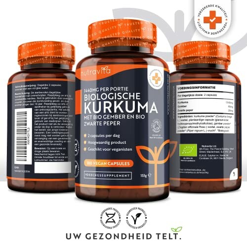 Flessen met biologische kurkuma capsules van Nutravita