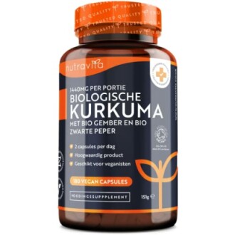 Fles met biologische kurkuma capsules van Nutravita.