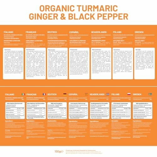 Voedingsinformatie voor biologische kurkuma, gember en zwarte peper supplement.