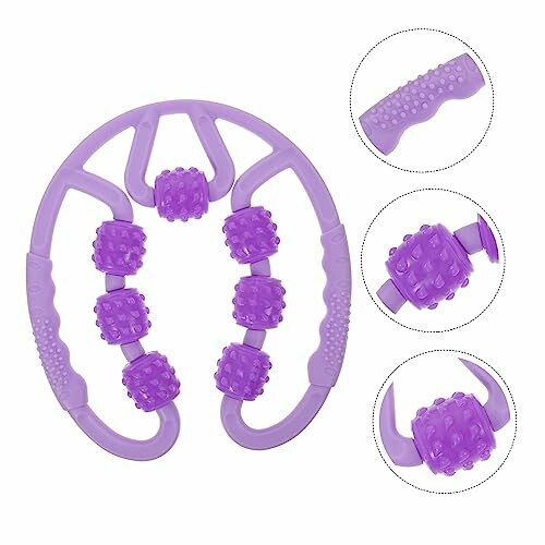 Paarse massageroller met handvatten en rolballen.