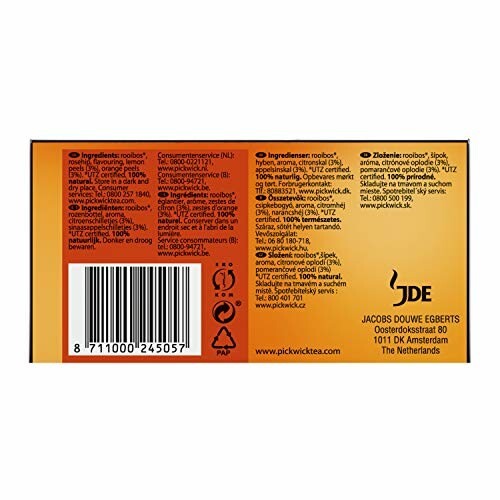 Achterkant van een Pickwick Rooibos thee doos met ingrediënten en barcode.