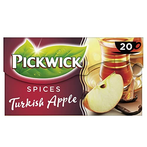 Pickwick Turkse appelthee verpakking met glas thee en appel