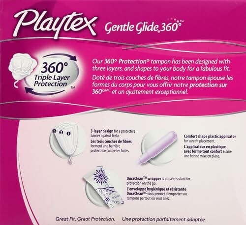 Verpakking van Playtex Gentle Glide 360 tampons met informatie over bescherming en applicator.