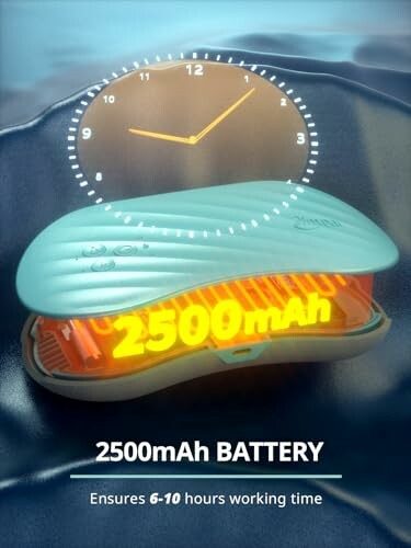 Draagbare batterij met 2500mAh capaciteit en een klok.