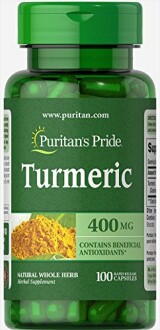 Fles met kurkuma supplement van Puritan's Pride, 400 mg, 100 capsules