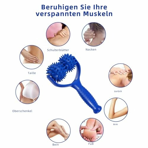 Blauwe massage roller voor spierontspanning met toepassingen.