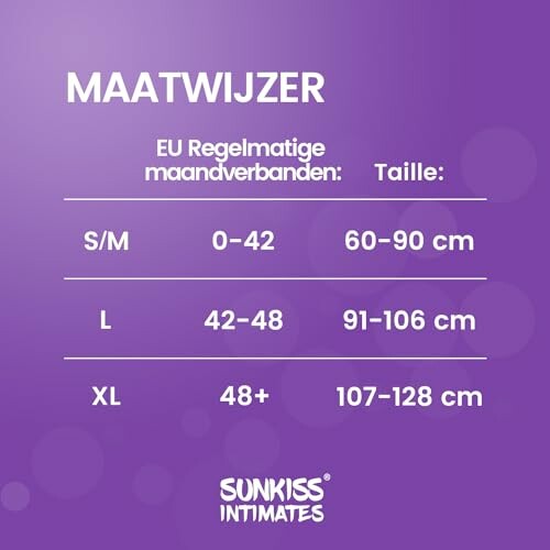 Maatwijzer voor Sunkiss Intimates met maattabel voor S/M, L en XL.